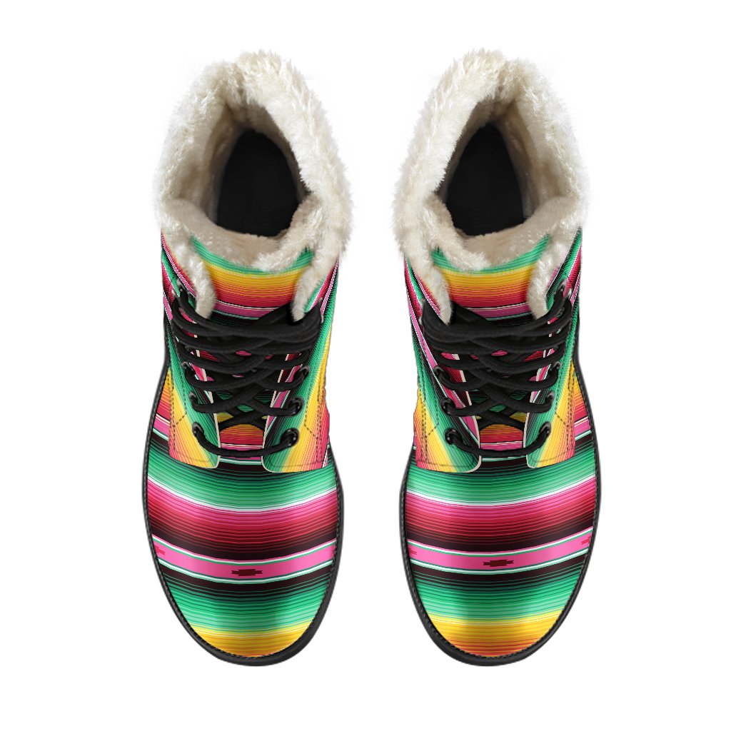 Mexican Blanket Classic Print Pattern Faux Fur Leather Boots-JTAMIGO.COM