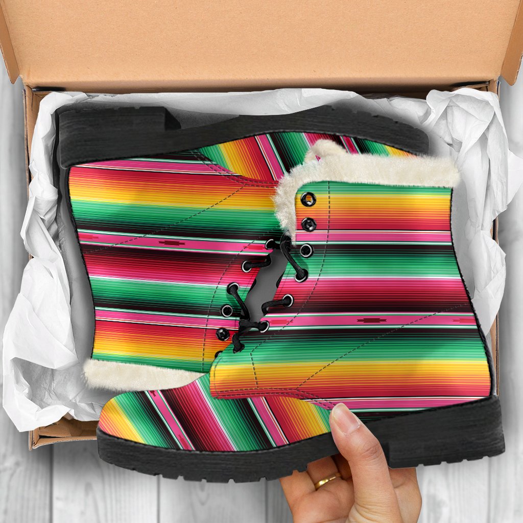 Mexican Blanket Classic Print Pattern Faux Fur Leather Boots-JTAMIGO.COM