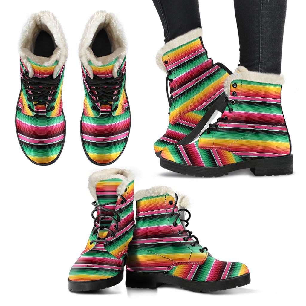Mexican Blanket Classic Print Pattern Faux Fur Leather Boots-JTAMIGO.COM