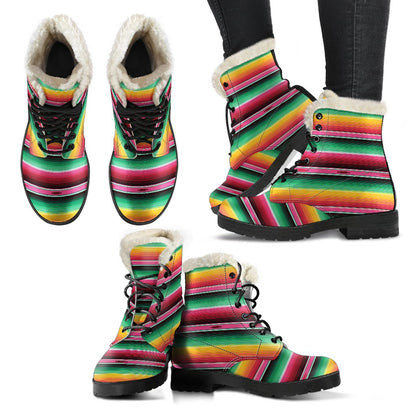 Mexican Blanket Classic Print Pattern Faux Fur Leather Boots-JTAMIGO.COM