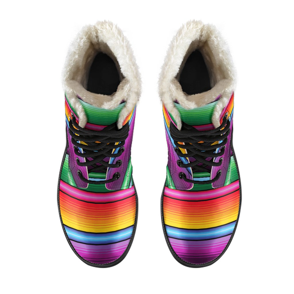 Mexican Blanket Colorful Print Pattern Faux Fur Leather Boots-JTAMIGO.COM