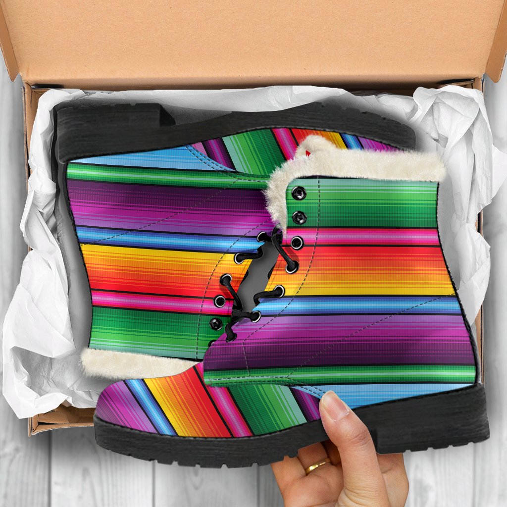 Mexican Blanket Colorful Print Pattern Faux Fur Leather Boots-JTAMIGO.COM