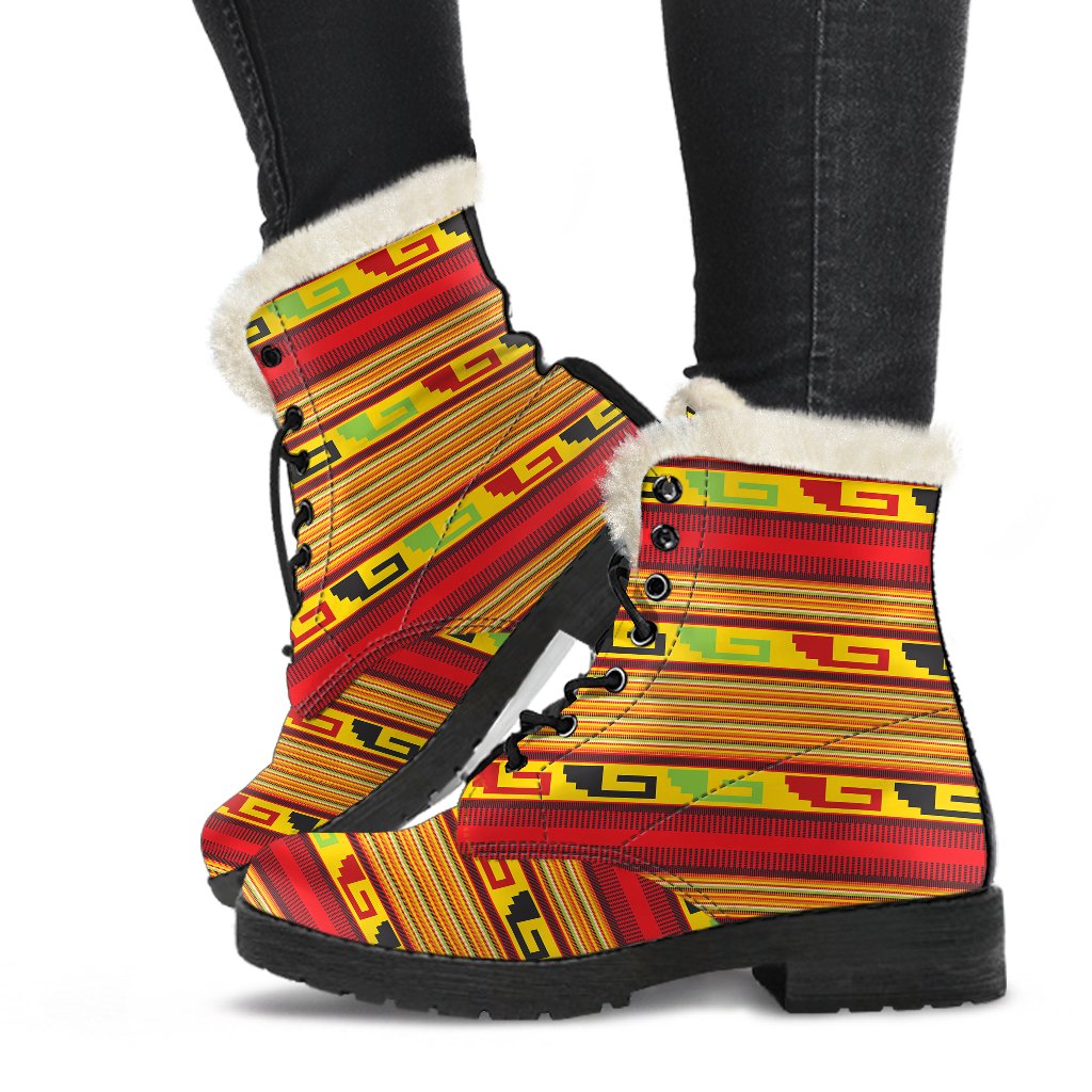 Mexican Blanket Ornament Print Pattern Faux Fur Leather Boots-JTAMIGO.COM