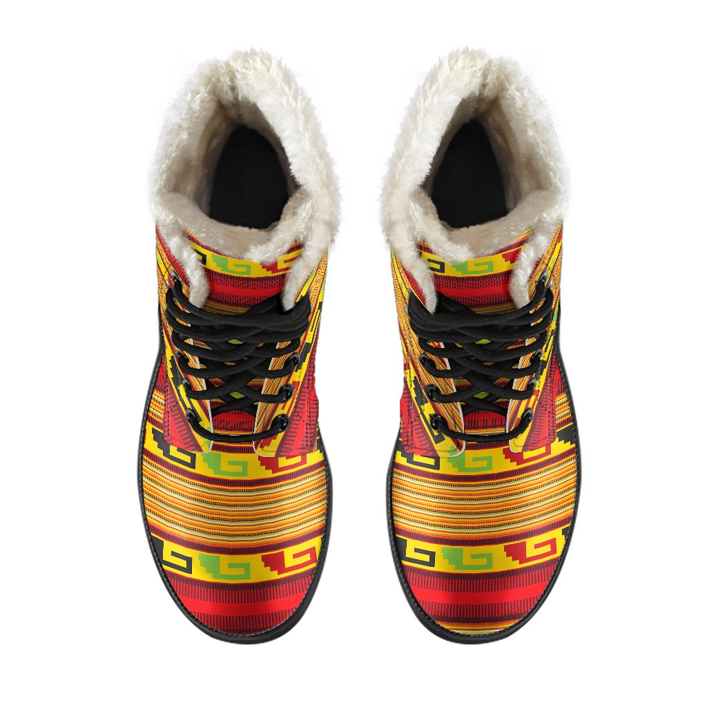 Mexican Blanket Ornament Print Pattern Faux Fur Leather Boots-JTAMIGO.COM
