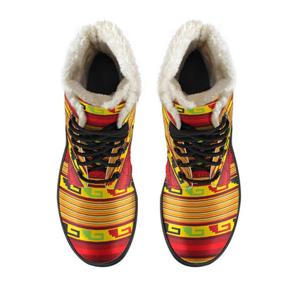 Mexican Blanket Ornament Print Pattern Faux Fur Leather Boots-JTAMIGO.COM