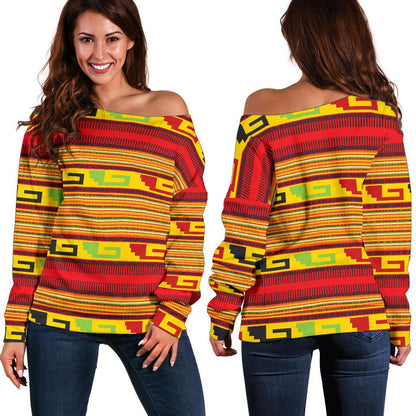 Mexican Blanket Ornament Print Pattern Off Shoulder Sweatshirt