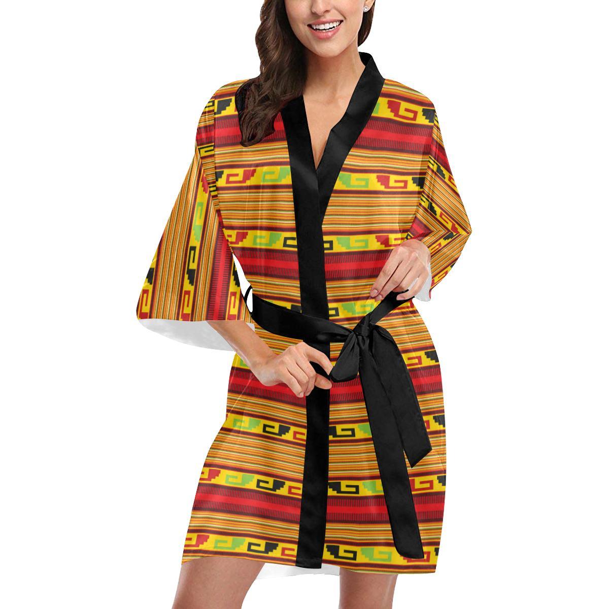 Mexican Blanket Ornament Print Pattern Women Short Kimono Robe