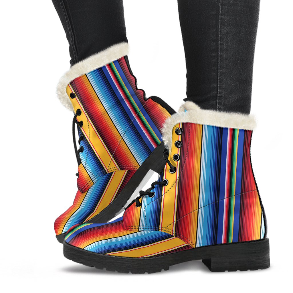 Mexican Blanket Stripe Print Pattern Faux Fur Leather Boots-JTAMIGO.COM