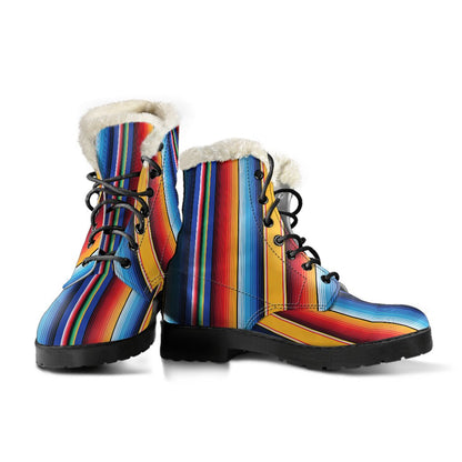 Mexican Blanket Stripe Print Pattern Faux Fur Leather Boots-JTAMIGO.COM