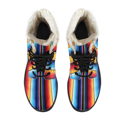 Mexican Blanket Stripe Print Pattern Faux Fur Leather Boots-JTAMIGO.COM