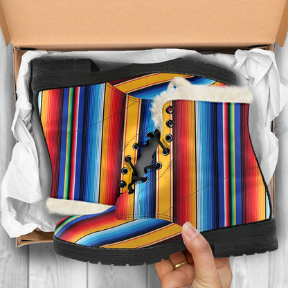 Mexican Blanket Stripe Print Pattern Faux Fur Leather Boots-JTAMIGO.COM