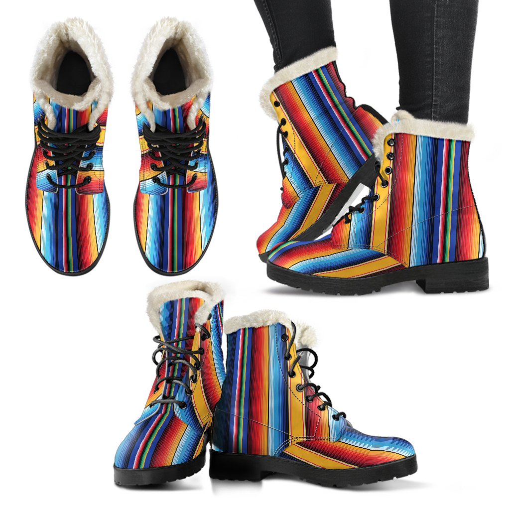 Mexican Blanket Stripe Print Pattern Faux Fur Leather Boots-JTAMIGO.COM