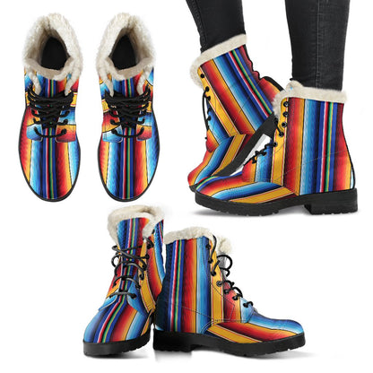 Mexican Blanket Stripe Print Pattern Faux Fur Leather Boots-JTAMIGO.COM