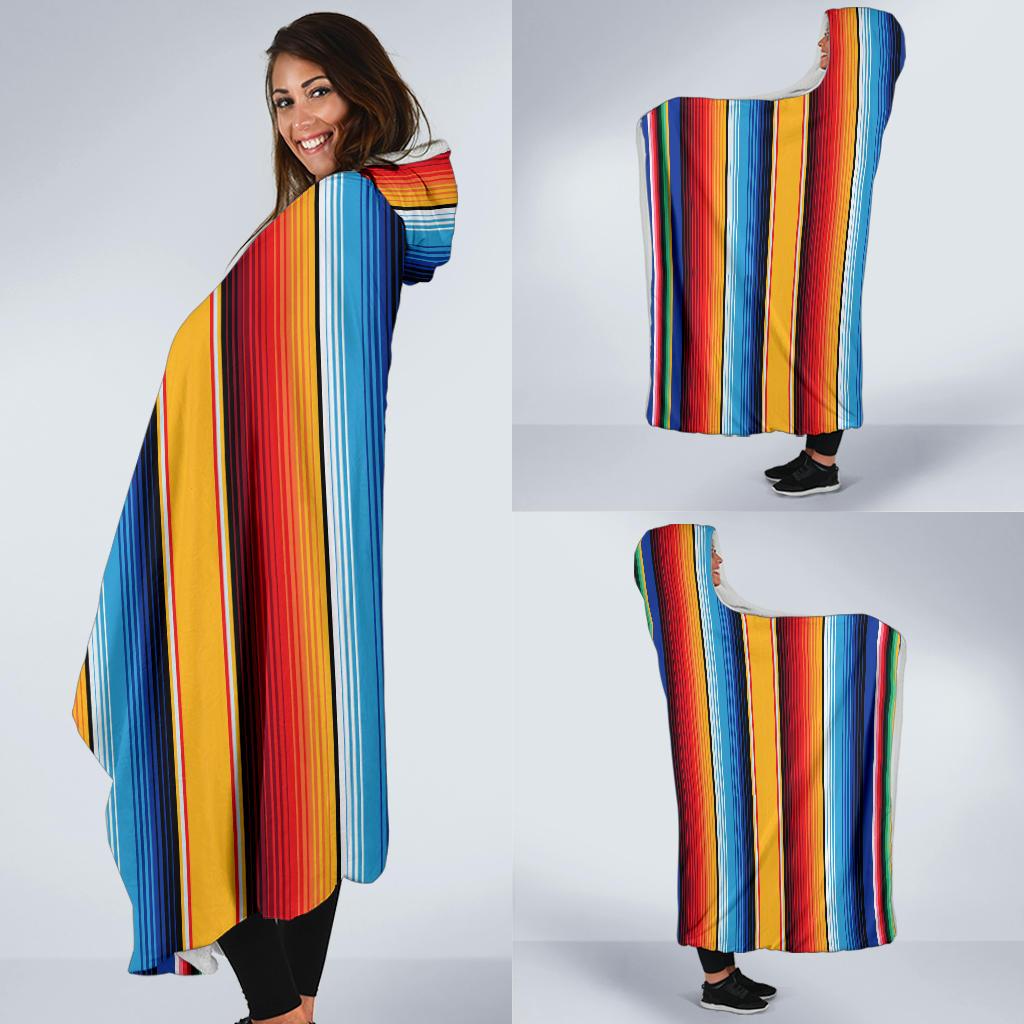 Mexican Blanket Stripe Print Pattern Hooded Blanket-JTAMIGO.COM