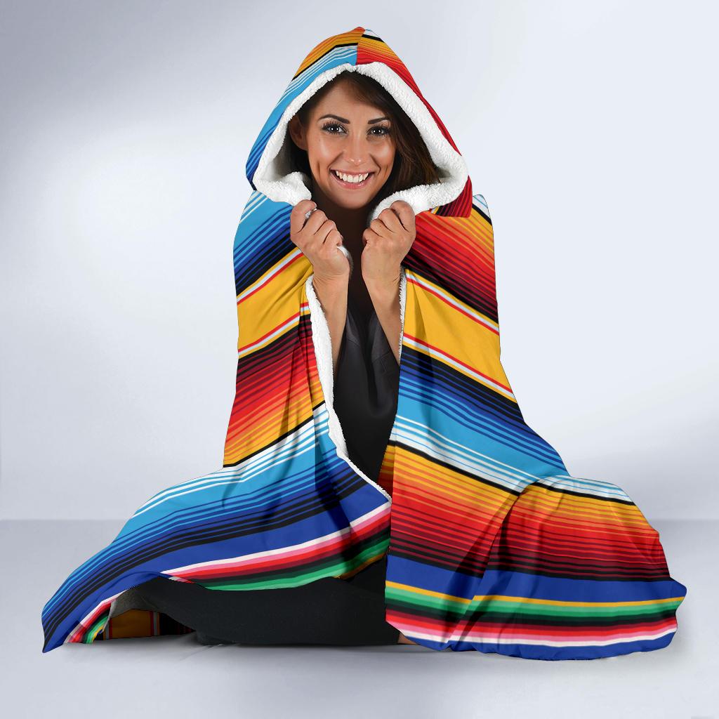 Mexican Blanket Stripe Print Pattern Hooded Blanket-JTAMIGO.COM