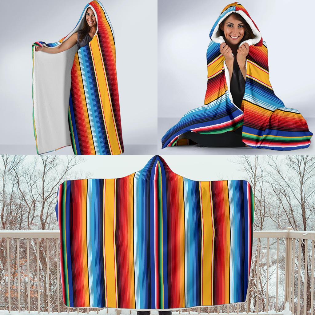 Mexican Blanket Stripe Print Pattern Hooded Blanket-JTAMIGO.COM
