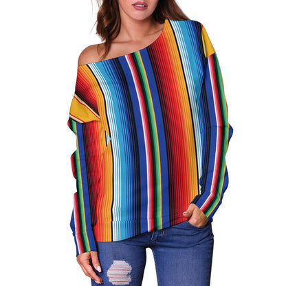 Mexican Blanket Stripe Print Pattern Off Shoulder Sweatshirt