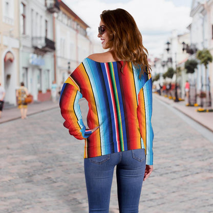 Mexican Blanket Stripe Print Pattern Off Shoulder Sweatshirt