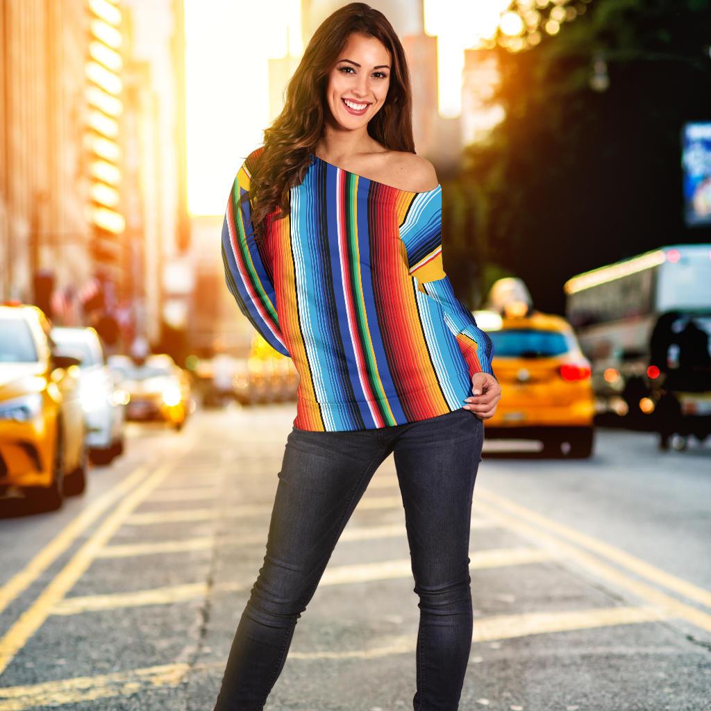 Mexican Blanket Stripe Print Pattern Off Shoulder Sweatshirt