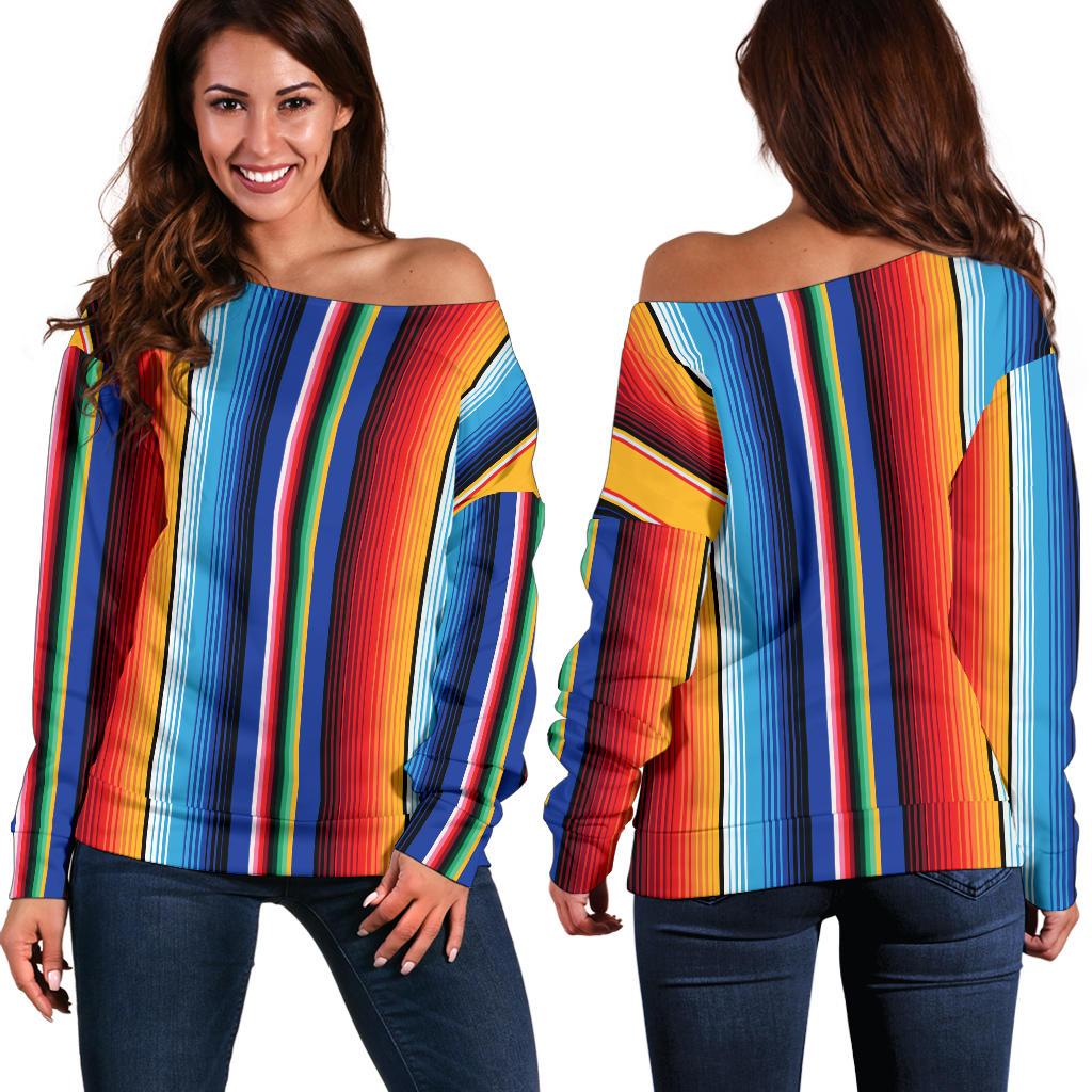 Mexican Blanket Stripe Print Pattern Off Shoulder Sweatshirt