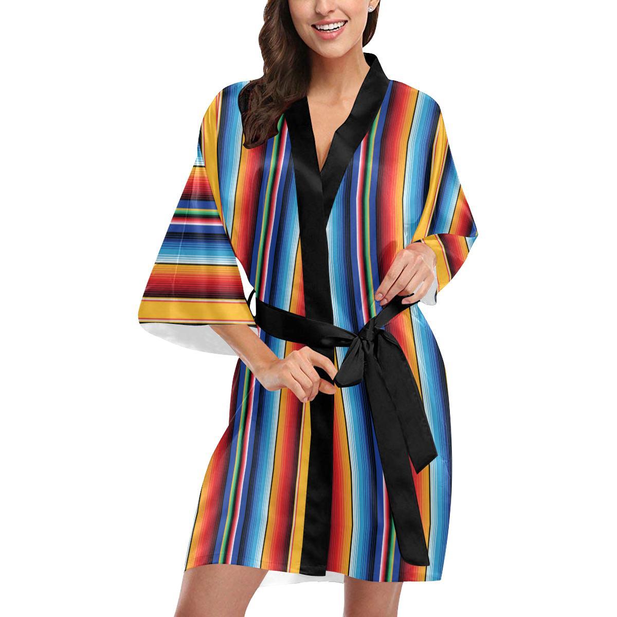 Mexican Blanket Stripe Print Pattern Women Short Kimono Robe