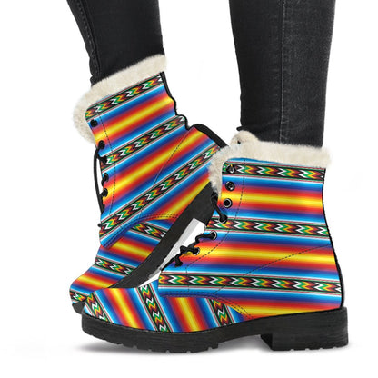 Mexican Blanket ZigZag Print Pattern Faux Fur Leather Boots-JTAMIGO.COM