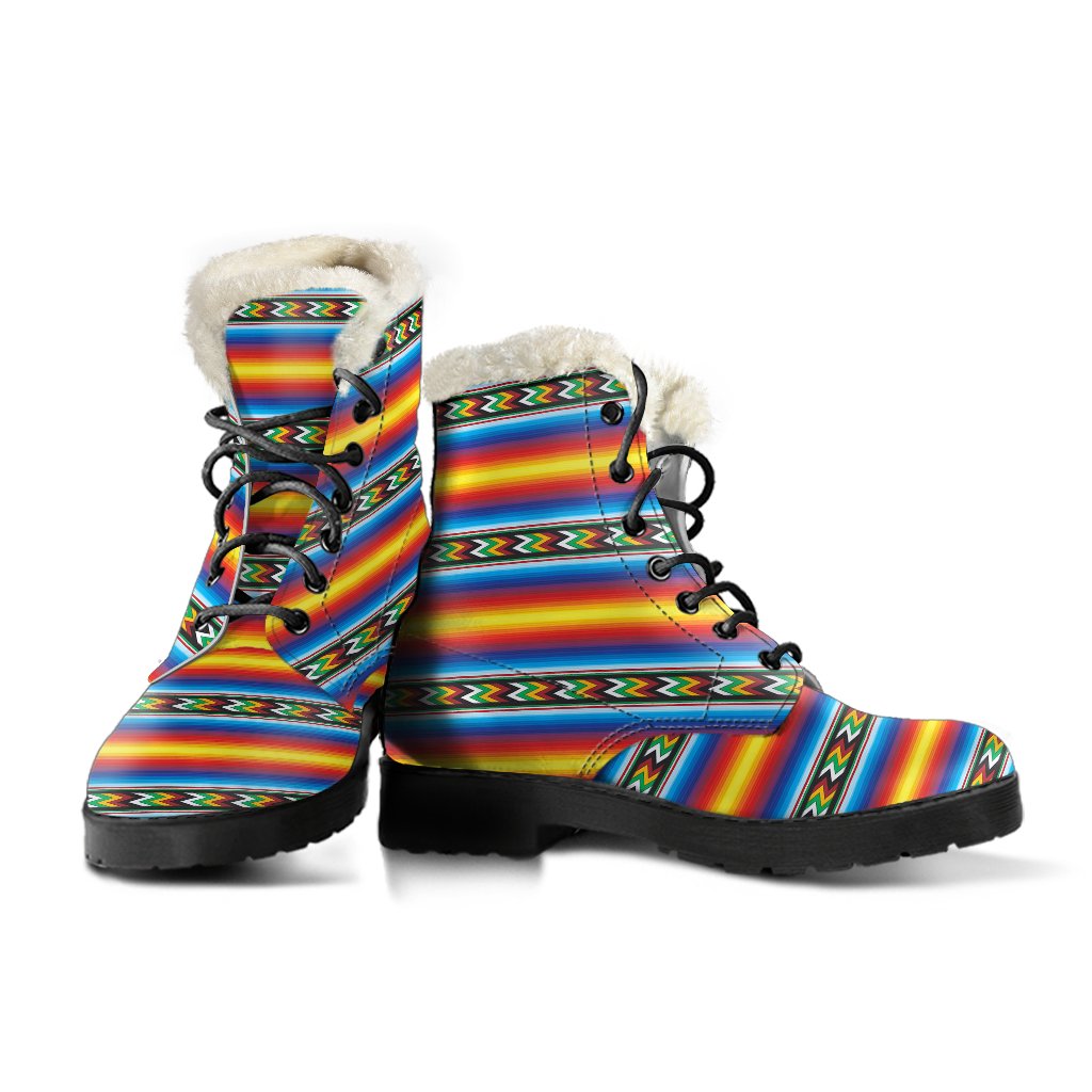 Mexican Blanket ZigZag Print Pattern Faux Fur Leather Boots-JTAMIGO.COM