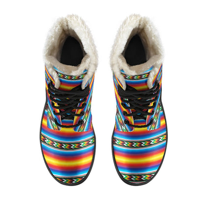 Mexican Blanket ZigZag Print Pattern Faux Fur Leather Boots-JTAMIGO.COM