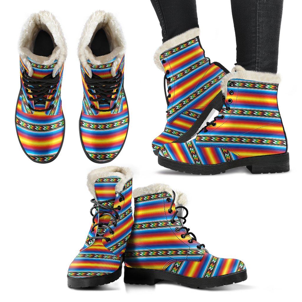 Mexican Blanket ZigZag Print Pattern Faux Fur Leather Boots-JTAMIGO.COM