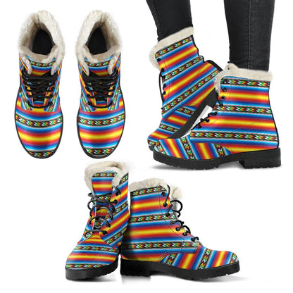 Mexican Blanket ZigZag Print Pattern Faux Fur Leather Boots-JTAMIGO.COM