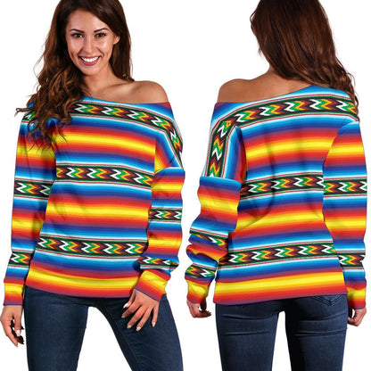 Mexican Blanket ZigZag Print Pattern Off Shoulder Sweatshirt