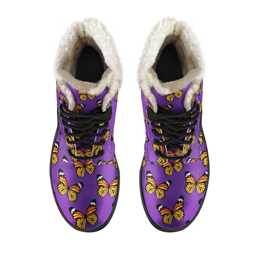 Monarch Butterfly Purple Print Pattern Faux Fur Leather Boots-JTAMIGO.COM