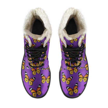 Monarch Butterfly Purple Print Pattern Faux Fur Leather Boots-JTAMIGO.COM