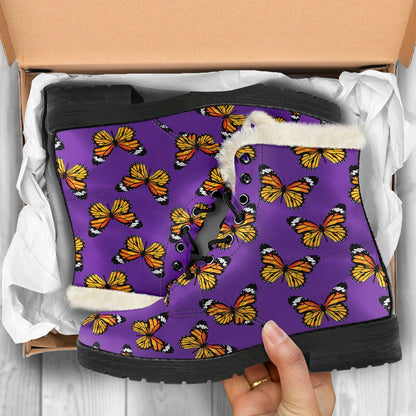 Monarch Butterfly Purple Print Pattern Faux Fur Leather Boots-JTAMIGO.COM