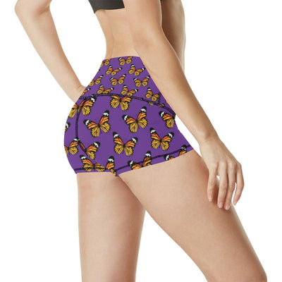 Monarch Butterfly Purple Print Pattern High Waisted Spandex Shorts-JTAMIGO.COM