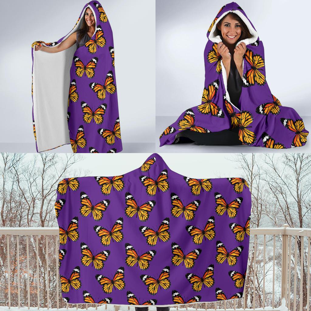 Monarch Butterfly Purple Print Pattern Hooded Blanket-JTAMIGO.COM