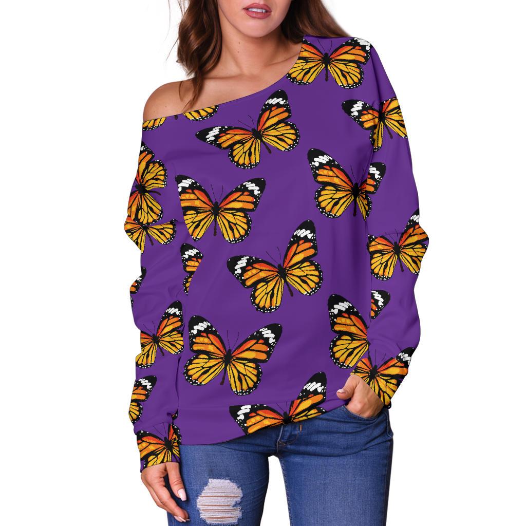 Monarch Butterfly Purple Print Pattern Off Shoulder Sweatshirt