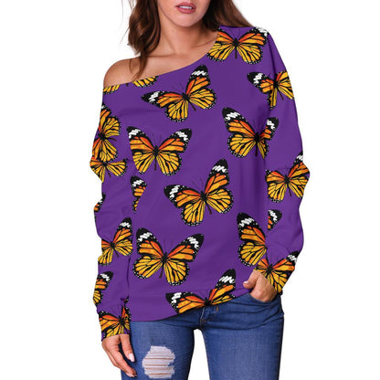 Monarch Butterfly Purple Print Pattern Off Shoulder Sweatshirt