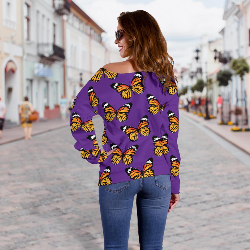 Monarch Butterfly Purple Print Pattern Off Shoulder Sweatshirt