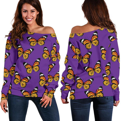 Monarch Butterfly Purple Print Pattern Off Shoulder Sweatshirt