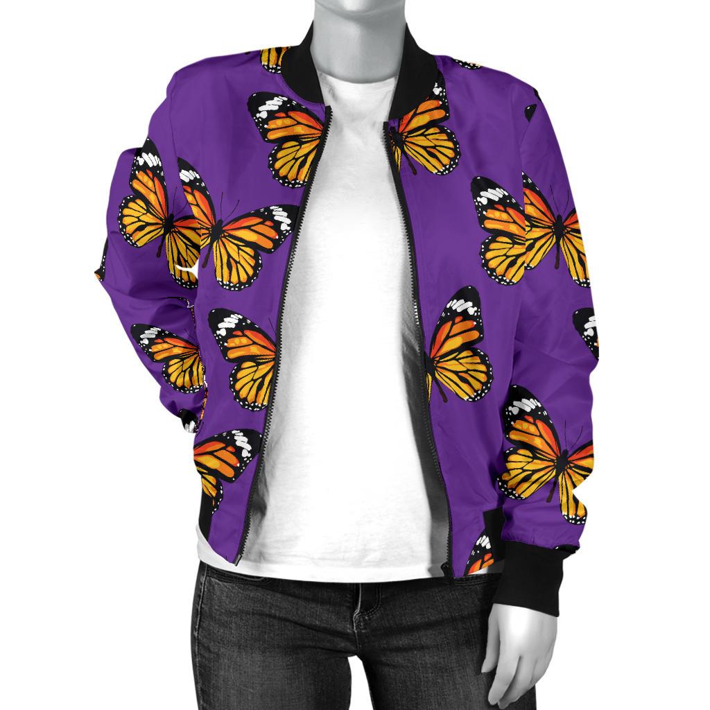Monarch Butterfly Purple Print Pattern Women Casual Bomber Jacket