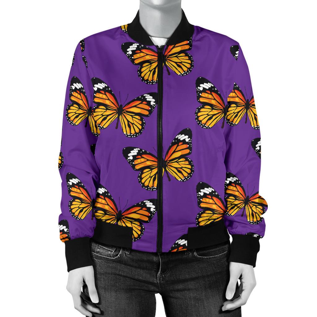 Monarch Butterfly Purple Print Pattern Women Casual Bomber Jacket