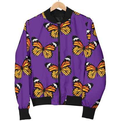 Monarch Butterfly Purple Print Pattern Women Casual Bomber Jacket