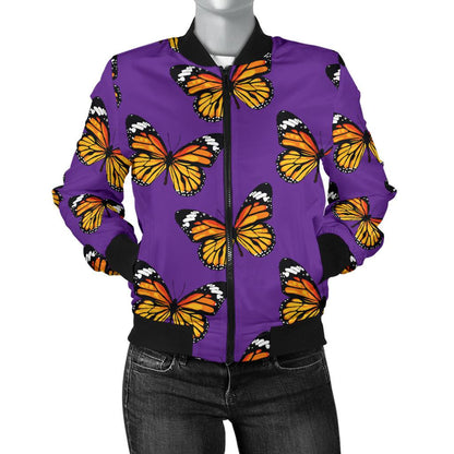 Monarch Butterfly Purple Print Pattern Women Casual Bomber Jacket
