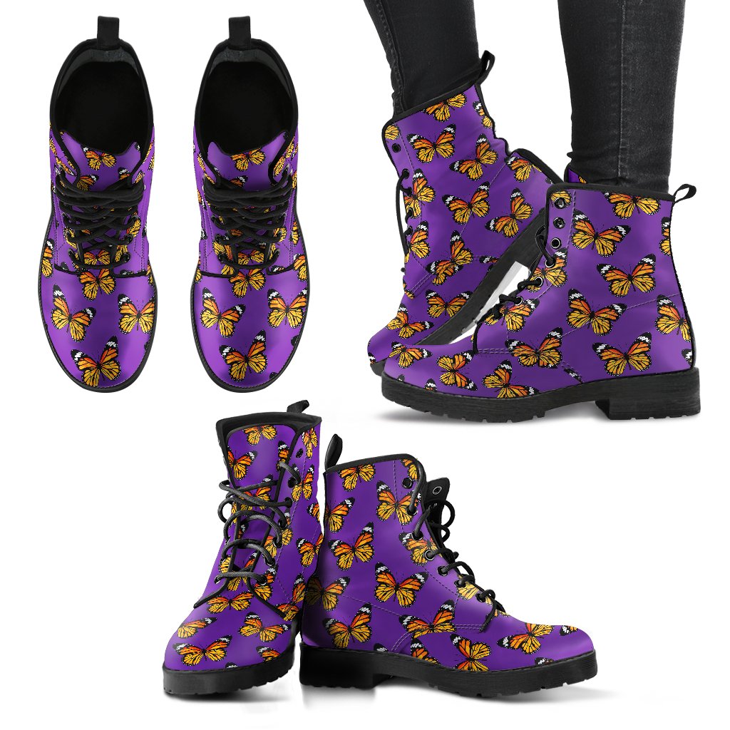 Monarch Butterfly Purple Print Pattern Women Leather Boots-JTAMIGO.COM