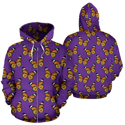 Monarch Butterfly Purple Print Pattern Zip Up Hoodie