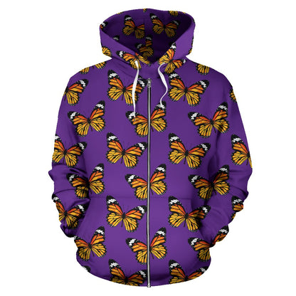 Monarch Butterfly Purple Print Pattern Zip Up Hoodie