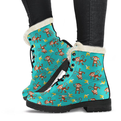 Monkey Banana Design Themed Print Faux Fur Leather Boots-JTAMIGO.COM