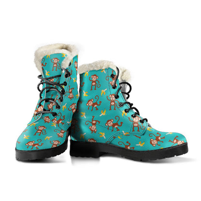 Monkey Banana Design Themed Print Faux Fur Leather Boots-JTAMIGO.COM