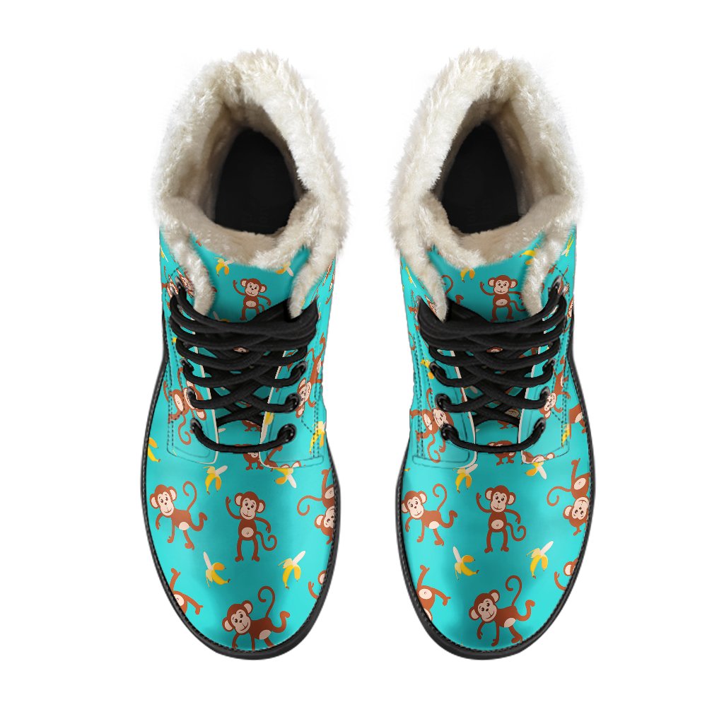 Monkey Banana Design Themed Print Faux Fur Leather Boots-JTAMIGO.COM